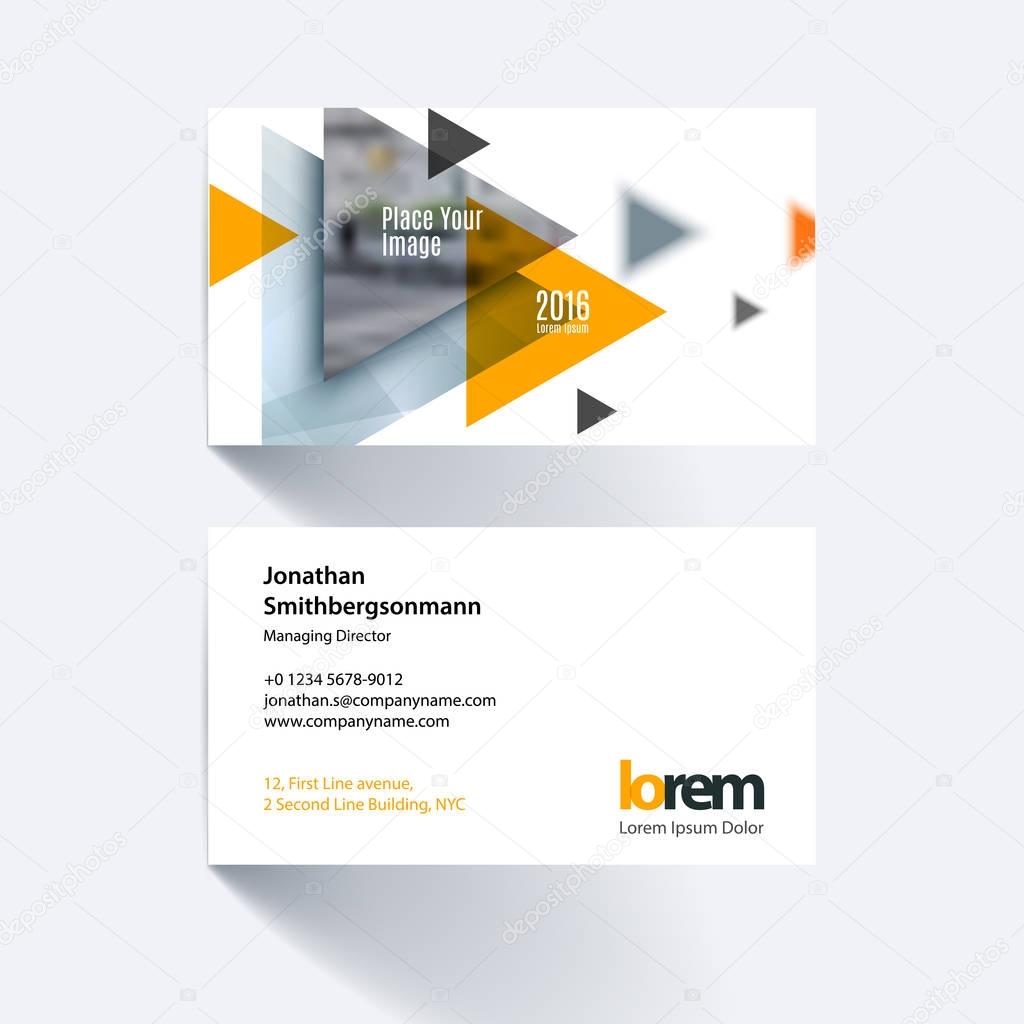 Vector business card template with flying triangles, arrows, pol
