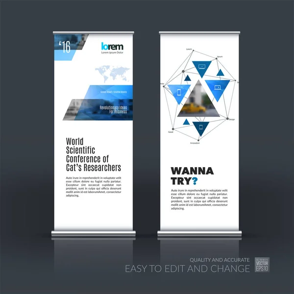 Conjunto de vectores de negocio de diseño moderno roll Up Banner stand con formas triangulares, triángulos, polígonos, malla para la ciencia, viajes, red. Exposición de folletos, feria, espectáculo . — Vector de stock