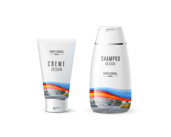 Abstracte lichaam zorg cosmetische merk concept. Crème, shampoo van de verpakking. De identiteit van de realistische vector ingesteld sjabloon met zachte golven, soepele vormen voor schoonheid, geneeskunde, gezondheidszorg. Design lay-out. — Stockvector