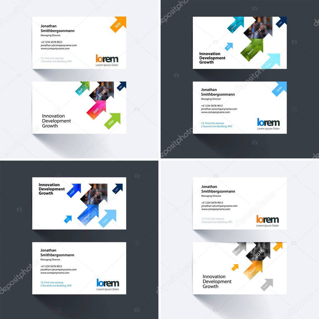 Vector business card template with diagonal positive arrows, tri