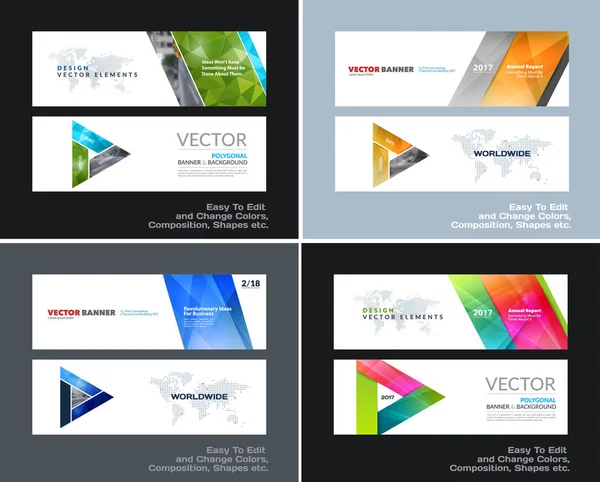 Set vettoriale astratto di banner per siti web orizzontali moderni con forme triangolari diagonali colorate — Vettoriale Stock