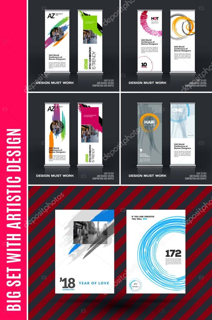 Business vector set of modern roll up banner stand design with colourful artistic stroke