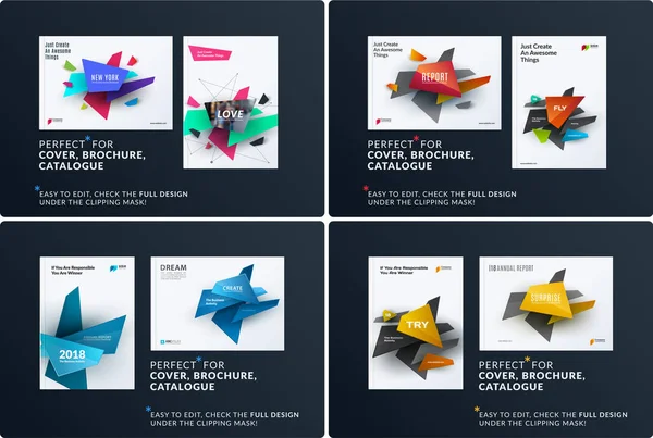 Комплект дизайнерской брошюры, реферативный годовой отчет, горизонтальное оформление обложки, листовка формата А4 с векторными красочными геометрическими фигурами — стоковый вектор