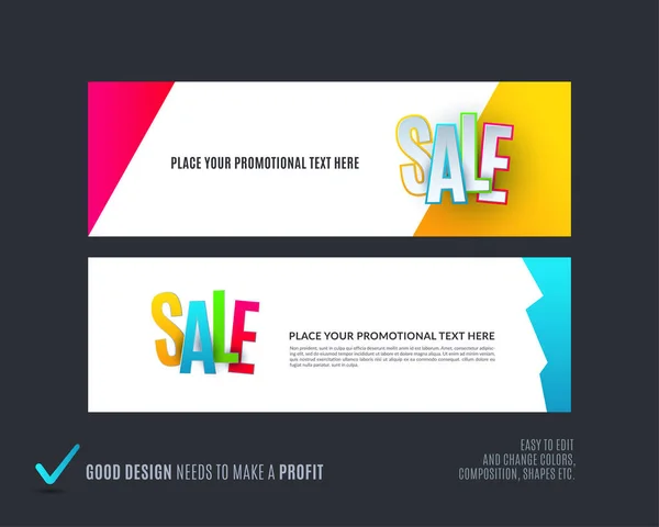 Abstract vector set of modern horizontal website sale banners with colourful words, abstract shapes for promo, shopping, offer, advertisement. — Stock Vector