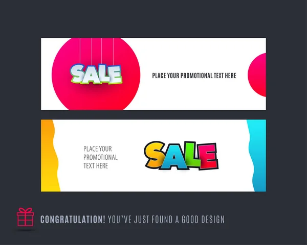 Abstract vector set of modern horizontal website sale banners with colourful words, abstract shapes for promo, shopping, offer, advertisement. — Stock Vector