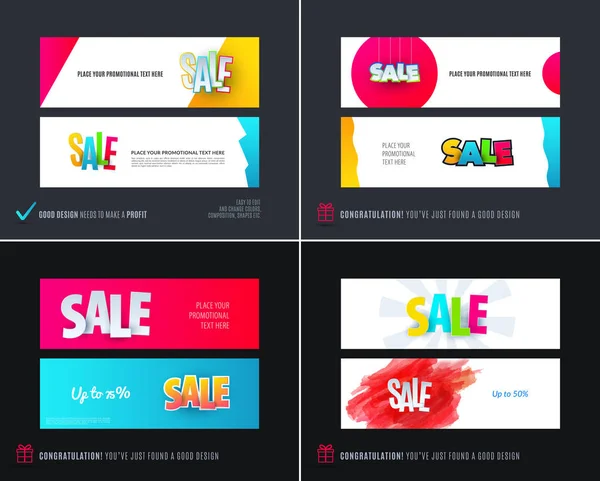 Conjunto vetorial abstrato de banners de venda site horizontal moderno com palavras coloridas, formas abstratas para promo, compras, oferta, propaganda . — Vetor de Stock