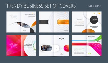 Design set of abstract double-page brochure with colourful circles, quares, triangles for branding. Business vector broadside. clipart