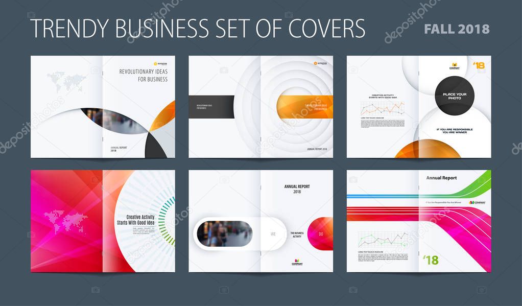 Design set of abstract double-page brochure with colourful circles, quares, triangles for branding. Business vector broadside.