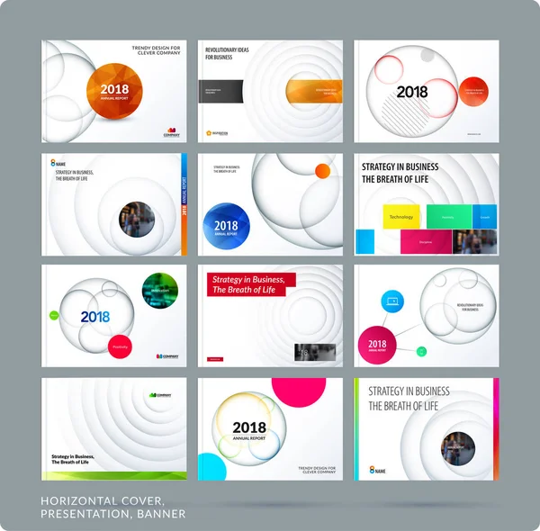 Material design presentation template with colourful circles intersections. Abstract vector set of modern horizontal banners — Stock Vector