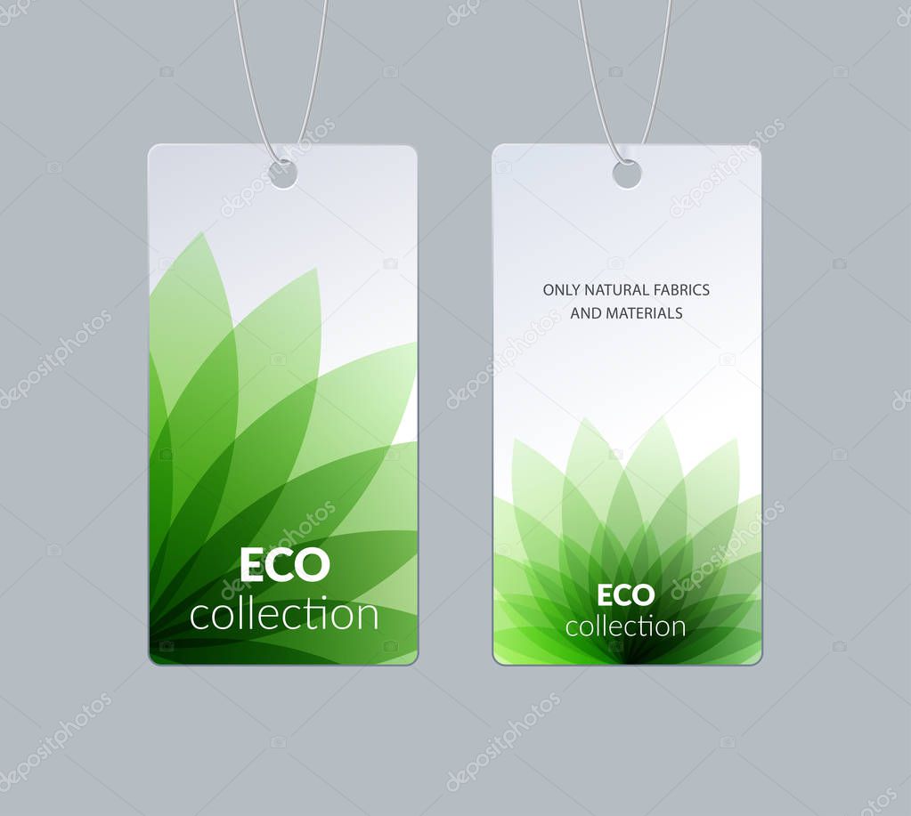 Labels, tags design for sale, clothes alcohol wine bottle food. Cardboard price with green eco colourful flower shape