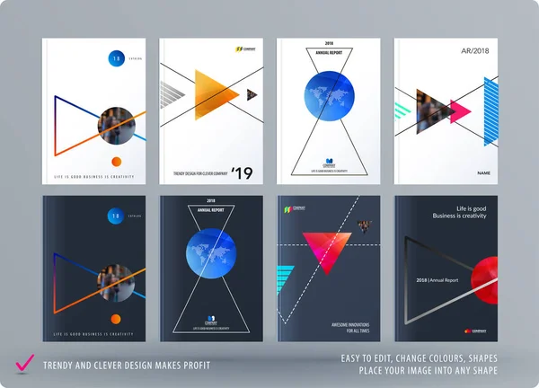 Driehoekige ontwerpsjabloon brochure. Kleurrijke moderne abstracte reeks, jaarverslag met driehoeken voor branding. — Stockvector