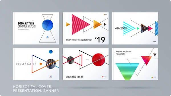 Triangulär design presentationsmall med färgglada trianglar skuggor. Abstrakta vektor uppsättning moderna horisontella banners — Stock vektor