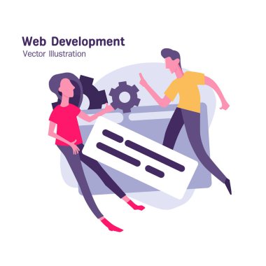 Web Geliştirme. Yaratıcı tasarımcılar yeni bir proje üzerinde çalışıyor. Programlama ve kodlama teknolojileri geliştiriliyor. Web sitesi tasarımı. Düz Vektör İllüstrasyonu