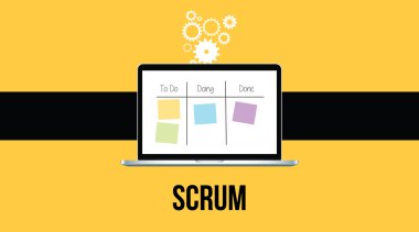 Scrum yöntemi dizüstü ve yapışkan notlar sarı arka plana sahip