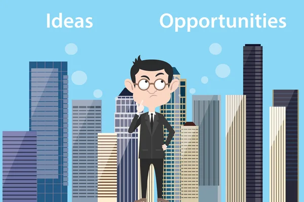 Ideas vs oportunidades concepto con hombre de negocios pensar en elegir entre — Vector de stock