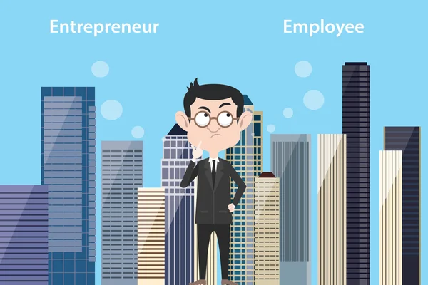 Unternehmer denken darüber nach, Angestellter zu sein oder noch Unternehmer mit städtischem Hintergrund zu sein — Stockvektor