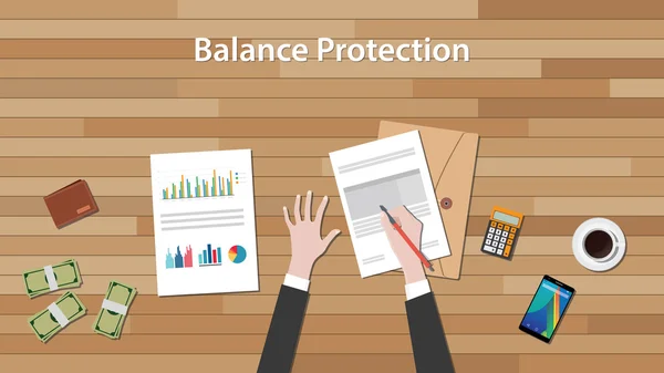 Gleichgewichtsschutzkonzept mit der Arbeit des Geschäftsmannes an Papierdokument und Diagrammplatte des Holztisches — Stockvektor