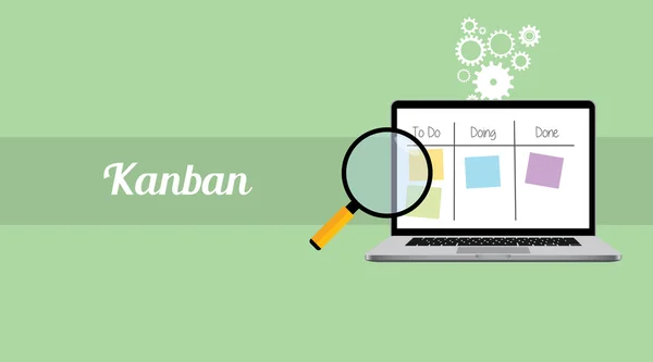 Kanban iş akışı proje yönetimi dizüstü bilgisayar ve Büyüteç camı sopa notlar
