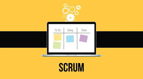 Metodologia scrum com laptop e notas pegajosas fundo amarelo — Vetor de Stock