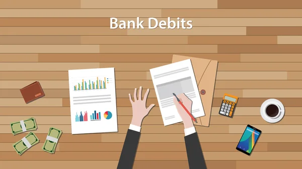 Conceito de débitos bancários com trabalho de homem de negócios em gráfico de documentos em papel e gráfico superior da tabela de madeira —  Vetores de Stock