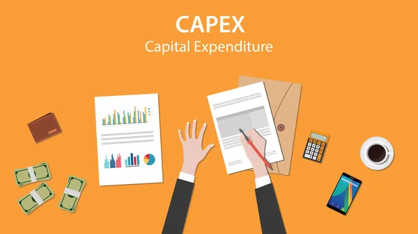 CAPEX tőkeberuházás illusztráció üzleti ember dolgozik papírpénz dokumentum grafikon és aláírását egy — Stock Vector