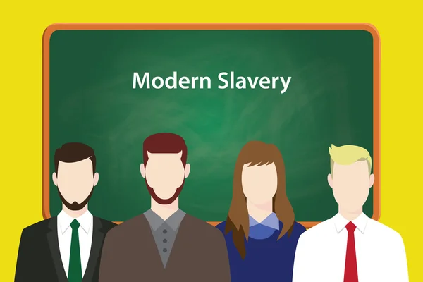 Modern slavery illustration concept with business man and woman lining up together in front of blackboard or green board — Stock Vector