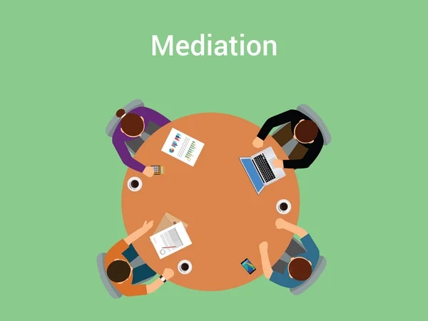 Concepto de ilustración de mediación un equipo miembro o personas con mediador negocian sobre algo en la mesa vista desde arriba — Vector de stock