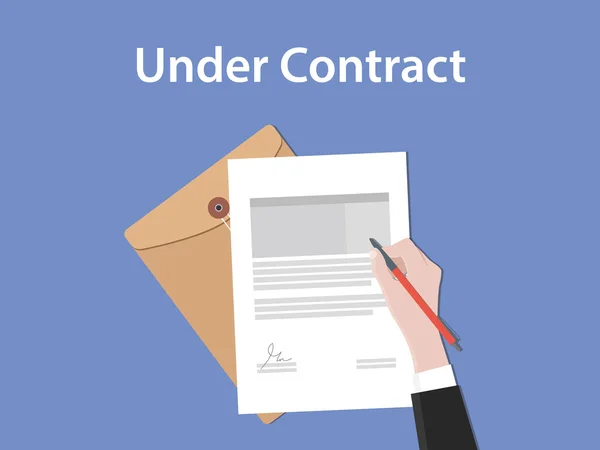 Enligt kontraktet konceptet illustration med business man hand underteckna ett papper dokument platt stil — Stock vektor