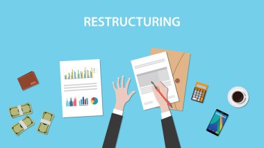 restructuring illustration concept with business man working on paperwork document graph chart cash money  top of the table clipart