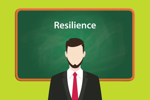 Concetto di resilienza illustrazione con uomo d'affari in piedi di fronte alla lavagna o greenboard utilizzando tuta — Vettoriale Stock