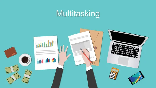 Multi tasking concept illustratie met zakenman bezig met papieren document laptop en hand — Stockvector