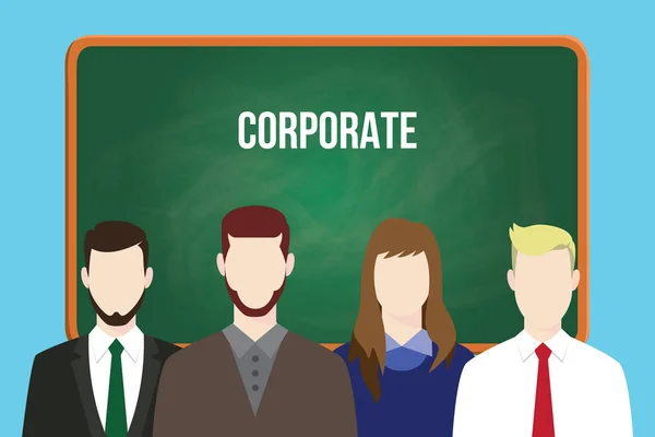Корпоративная команда бизнес-иллюстрации стоят вместе, выстроившись перед зеленой доской — стоковый вектор