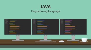 Illustration of JAVA programming language code displayed on three monitor in a row at programmer workspace vector clipart svg vector 