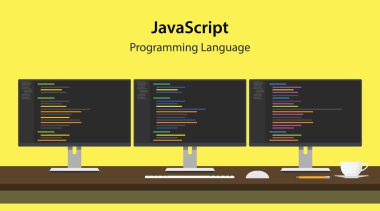Illustration of JavaScript programming language code displayed on three monitor in a row at programmer workspace vector clipart svg vector 