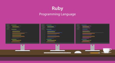 Programcı çalışma alanı, üst üste üç monitörde görüntülenen Ruby programlama dili kodu gösterimi