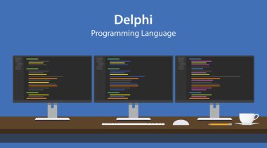 Delphi Programlama programcı çalışma alanı, üst üste üç monitörde görüntülenen dil kodu gösterimi