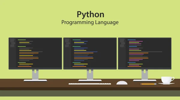 Ілюстрація мови програмування python з програмним кодом на робочому просторі програміста трирядкового монітора — стоковий вектор