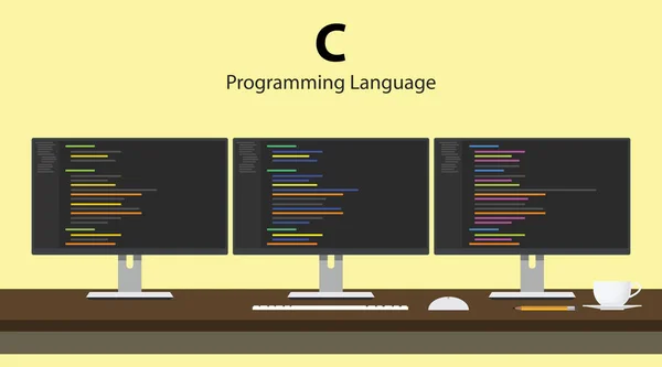 Illustrazione del codice del linguaggio di programmazione C visualizzato su tre monitor di fila nello spazio di lavoro del programmatore — Vettoriale Stock