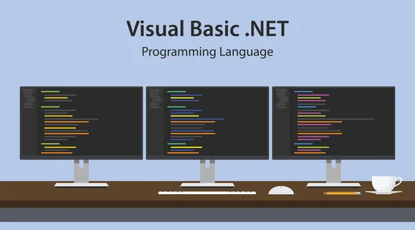 Illustrazione del codice del linguaggio di programmazione Visual Basic .NET visualizzato su tre monitor di fila nell'area di lavoro del programmatore — Vettoriale Stock