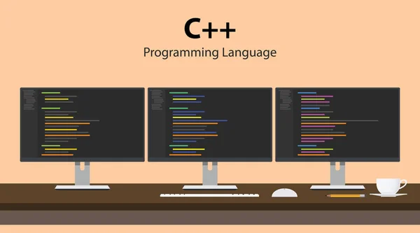 Illustrazione del codice del linguaggio di programmazione C visualizzato su tre monitor di fila nello spazio di lavoro del programmatore — Vettoriale Stock