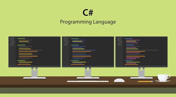 Ilustración del código de lenguaje de programación C mostrado en tres monitores seguidos en el espacio de trabajo del programador — Vector de stock