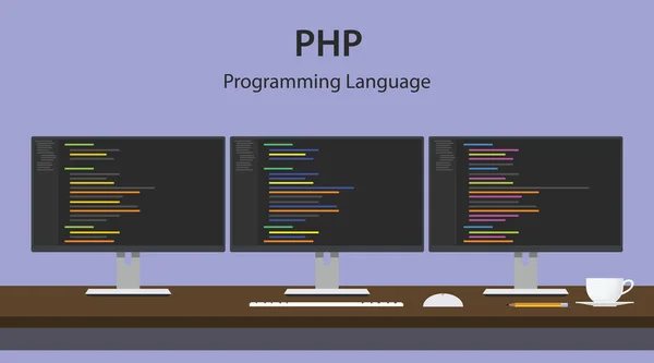 Ilustrace programovací jazyk kódu zobrazeného na třech monitoru v řadě v prostoru programátor Php — Stockový vektor
