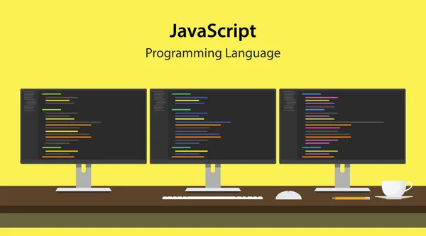Illustrazione del codice del linguaggio di programmazione JavaScript visualizzato su tre monitor di fila nello spazio di lavoro del programmatore — Vettoriale Stock