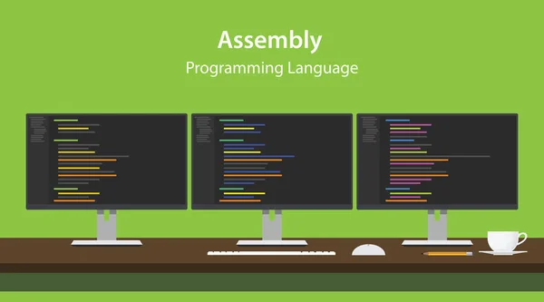 Illustration of Assembly programming language code displayed on three monitor in a row at programmer workspace — Stock Vector