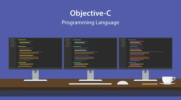 Illustrazione del codice del linguaggio di programmazione Objective-C visualizzato su tre monitor di fila nello spazio di lavoro del programmatore — Vettoriale Stock