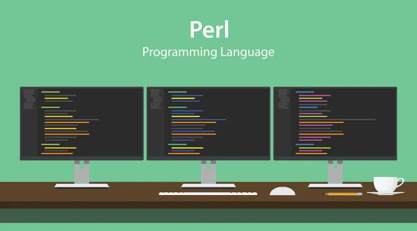 Illustrazione del codice del linguaggio di programmazione Perl visualizzato su tre monitor di fila nello spazio di lavoro del programmatore — Vettoriale Stock
