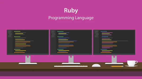 Illustration of Ruby programming language code displayed on three monitor in a row at programmer workspace — Stock Vector