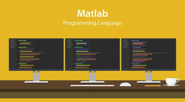 Ilustración del código de lenguaje de programación Matlab que se muestra en tres monitores seguidos en el espacio de trabajo del programador — Vector de stock