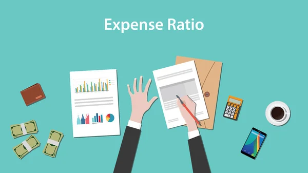 Expense ratio illustration vector with paperworks, money and calculator on top of table — Stock Vector