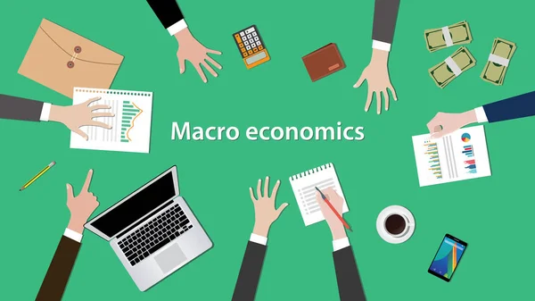 Macro economie concept de discuție ilustrare cu hârtii, bani, notebook pe partea de sus a mesei — Vector de stoc